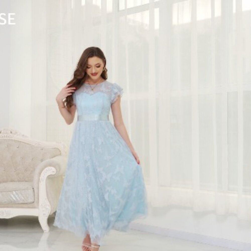 Flowy Tulle Midi Dress with Ruffle Sleeves Lace Trim Formal Party - Picture 6 of 8